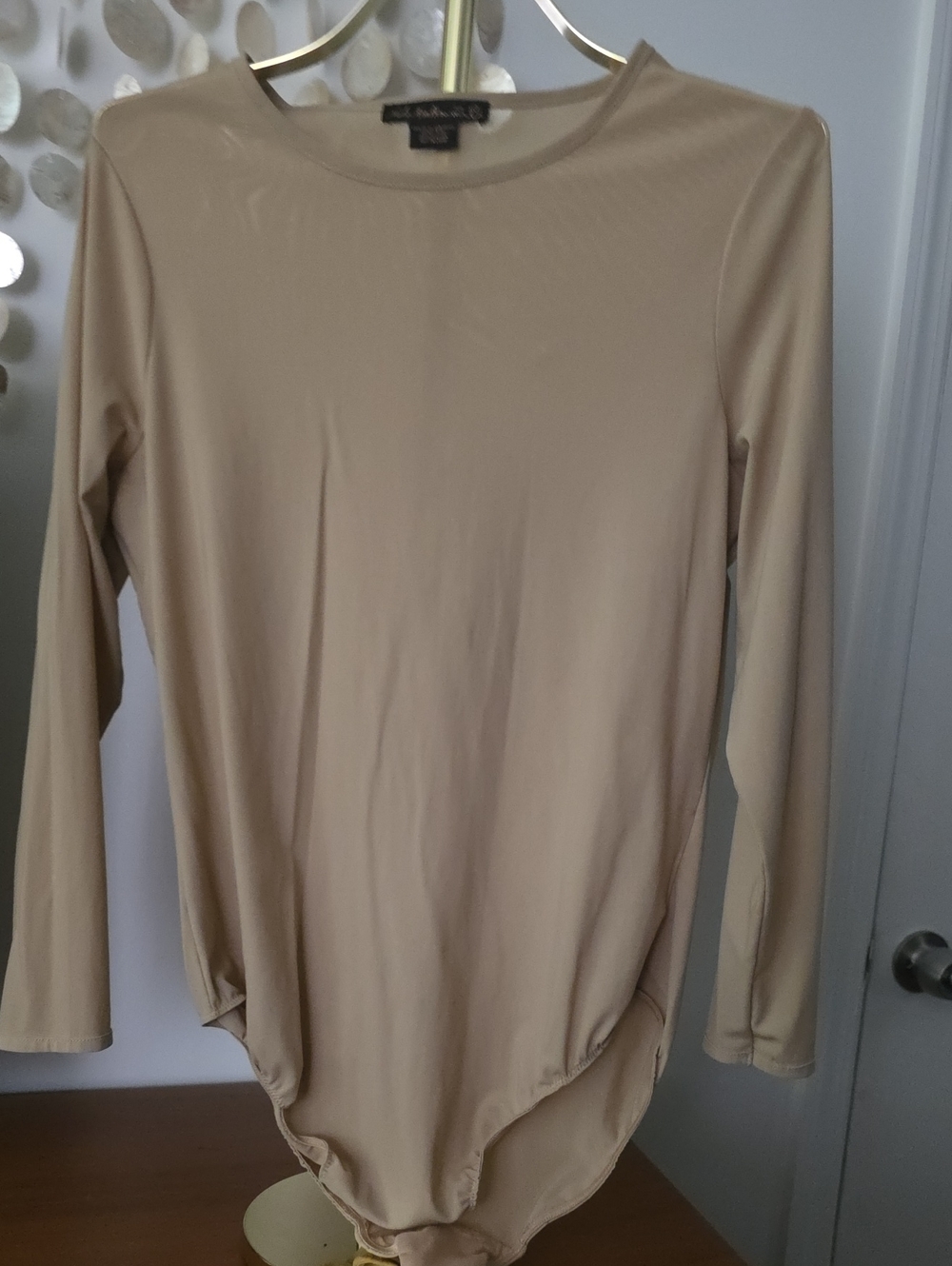 Stretch Long Sleeve Crewneck Bodysuit - Beige